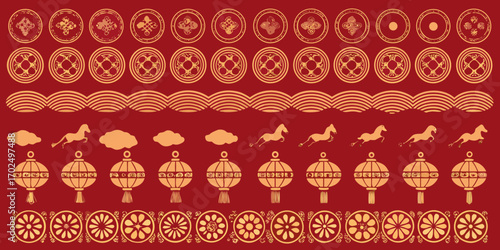Collection of traditional chinese decorative elements featuring horses lanterns clouds and ornate patterns on red background