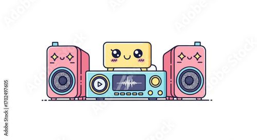 Cute Cartoon Stereo System with Kawaii Components.
