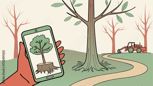 Hand Holding Phone with Tree Image While Real Tree Cut – Vector Concept of Technology vs Nature