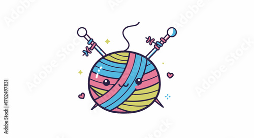Cute Cartoon Yarn Ball with Knitting Needles.