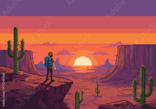 Hiking at Sunset A Pixelated Desert Adventure with Cacti, Grand Canyons, and Fiery Skies