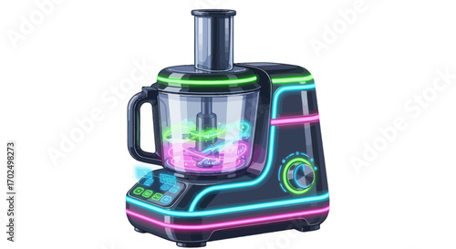 Modern Black Food Processor with Neon Accents and Clear Bowl.