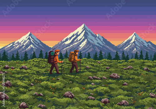 Pixel art scene of two friends hiking through a scenic mountain valley at sunset, an 8-bit retro video game style illustration of an adventure