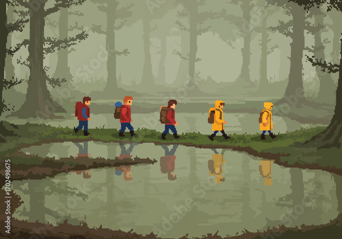 Misty Forest Hiking Adventure A Pixel Art Journey