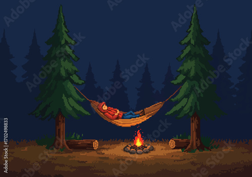 A pixel art illustration of a person relaxing in a hammock by a campfire after a long day of hiking in the wilderness at night