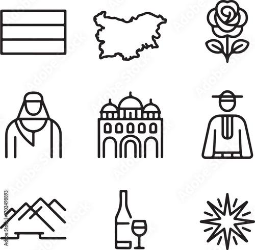 Bulgaria National Symbols Outline Icons Set Flag, Map, Rose, Rila Monastery, Folk Costume, Mountains, Wine, and Cultural Heritage Vector Pack