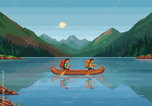 Pixelated illustration of two hikers paddling a canoe on a serene lake surrounded by mountains, enjoying hiking adventure