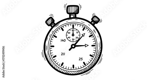 Hand-drawn stopwatch illustration with detailed dial and buttons showing time.