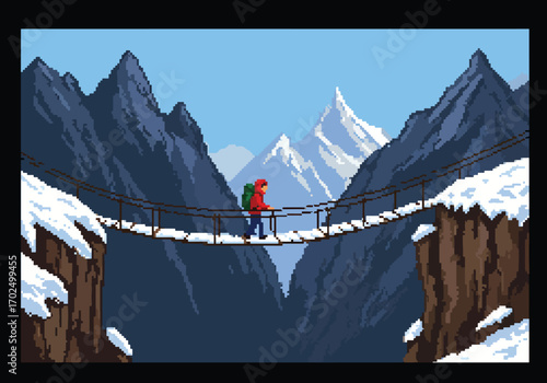 Pixel art of a lone hiker crossing a suspension bridge over a snowy mountain gorge, showcasing an adventurous journey into the wilderness