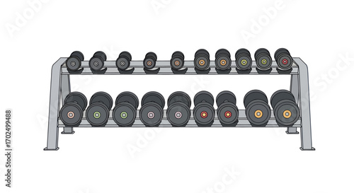 Two-Tiered Rack of Dumbbells for Weight Training.