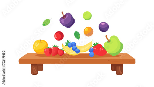 Illustration of fresh fruits on wooden table including apple banana strawberries and blueberries art design