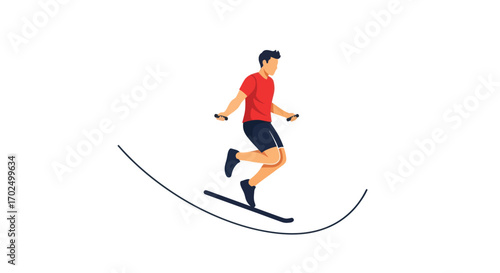 Athletic man in red shirt and blue shorts jumping rope with energy.