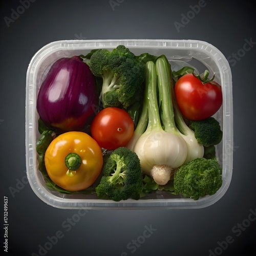 Photorealistic vacuum sealed tray of fresh mixed vegetables with cinematic studio lighting