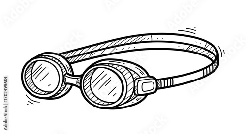 Hand-drawn sketch of vintage swimming goggles with a strap.