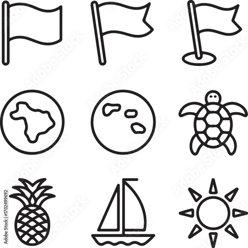 Cayman Islands Flag Variations Vector Line Art Collection with Map, Nautical Icons, Turtle, and Caribbean Symbols