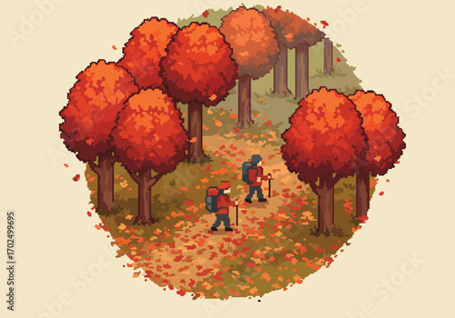 Two people with backpacks enjoying a peaceful hiking adventure through a beautiful autumn forest in a charming retro pixel art style