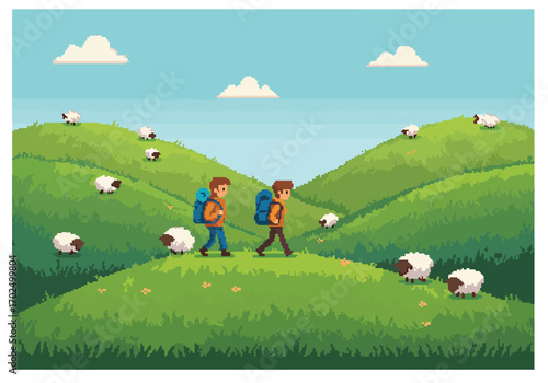 Two friends embark on a scenic pixel art hiking adventure across rolling green hills, dotted with peaceful grazing sheep, under a bright blue sky