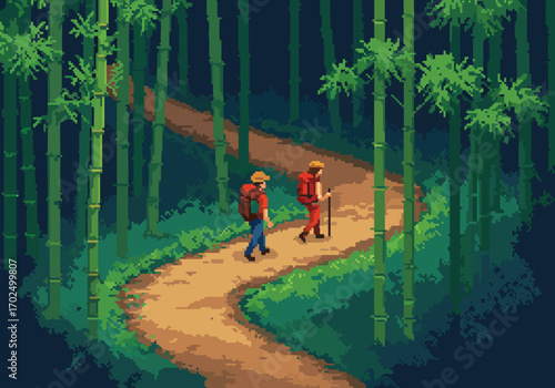 Pixel Art Hiking Adventure A Journey Through the Bamboo Forest