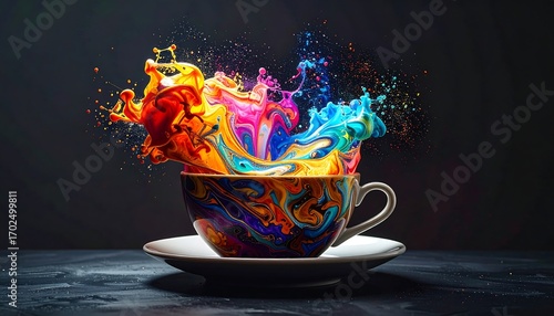 A coffee cup bursts with vibrant, swirling colors, creating a dynamic splash against a dark backdrop