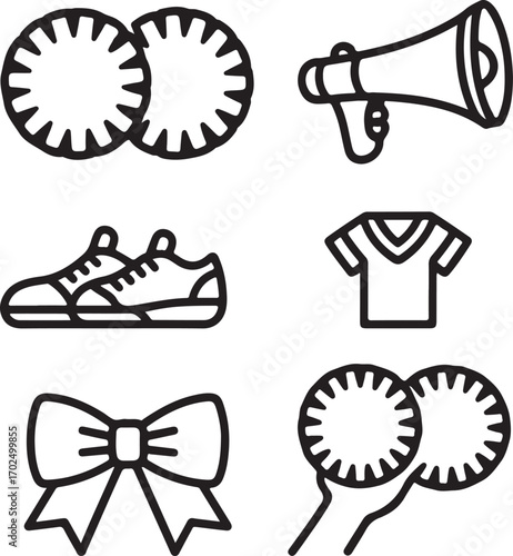 Cheerleading Essentials Outline Icons Set Pom-Poms, Megaphone, Cheer Shoes, Uniform, Trophy, Cheer Bow, Pom-Pom Hand, and Megaphone