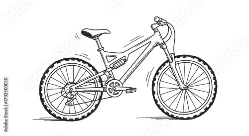 Detailed line art drawing of a full suspension mountain bike.