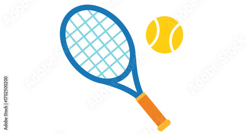 Blue tennis racket with orange grip and yellow ball.