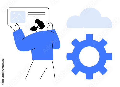 Person interacting with UI while holding a screen panel, blue gear icon and gray cloud. Ideal for technology, cloud computing, software development, data synchronization, automation, system setup