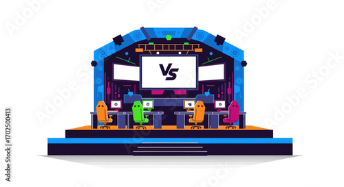 Colorful Esports Gaming Stage with Monitors and Chairs.