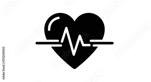 Black Heart Icon with White EKG Line Health Symbol.