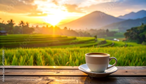 A coffee cup sits on a wooden table overlooking green rice terraces and mountains at sunrise, a tranquil and scenic view