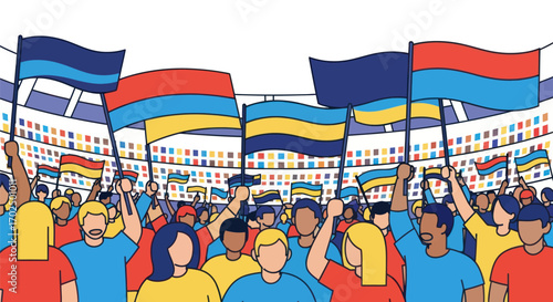 Crowd of People Holding Flags at a Rally or Protest Event.