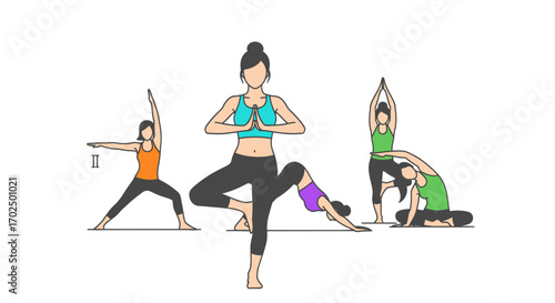 Illustrated women practicing diverse yoga poses demonstrating flexibility balance and wellness.
