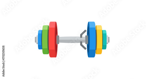 Vibrant colorful dumbbell with weight plates for fitness and exercise.