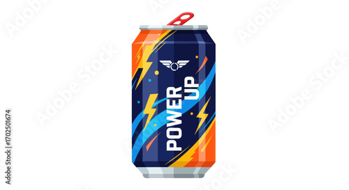 Colorful Power Up Energy Drink Can with Lightning Bolt Design.