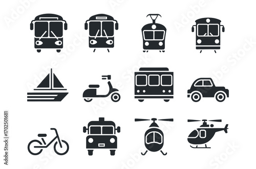 Transportation Icons A grid of modern vehicle and travel symbols