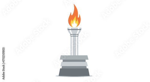 Stylized Silver Torch with Bright Burning Flame on Layered Base.