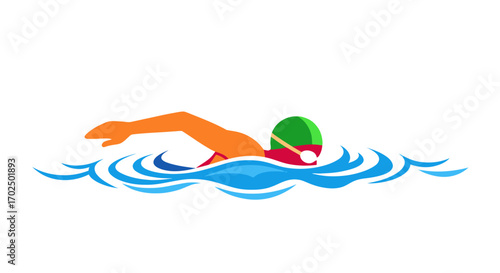 Athlete swimming freestyle stroke in blue water waves.