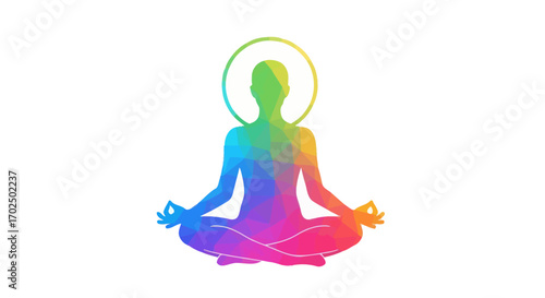 Silhouette of a person meditating with a rainbow aura and halo.