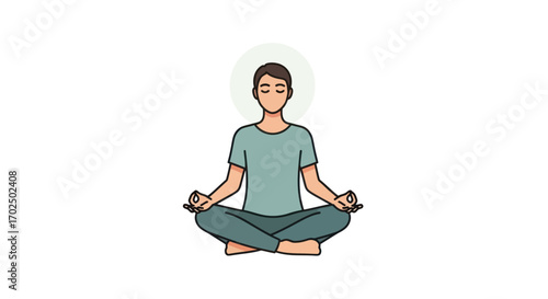 Peaceful cartoon man meditating in lotus pose practicing mindfulness and relaxation.