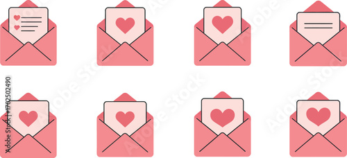 pink envelopes with hearts and notes arranged neatly