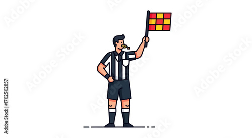 Soccer Referee Holding Checkered Flag and Blowing Whistle.