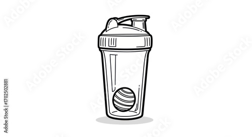 Black and White Outline of a Sports Shaker Bottle with Inner Ball.