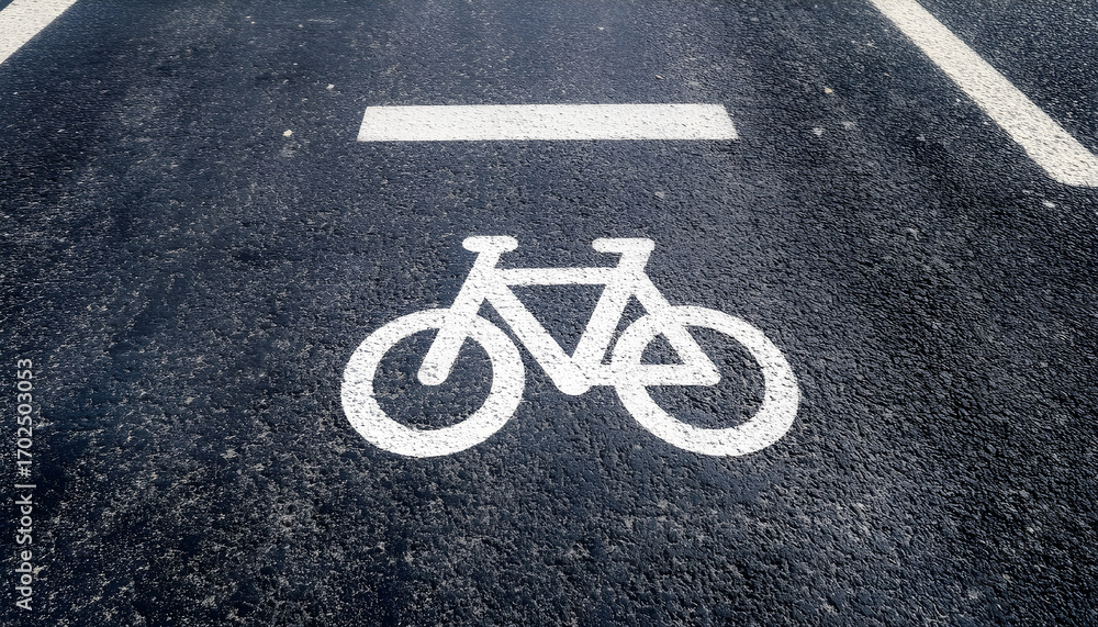 Obraz premium Overhead view of a bicycle lane marked with white lines and a bicycle symbol on gray asphalt. This clear urban street marking
