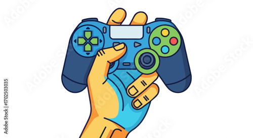 Hand holding a blue video game controller with colorful buttons.