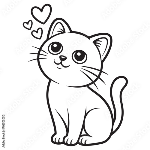Cute Cat with Hearts Cartoon – Love and Pet Line Art Illustration for Kids and Coloring Pages