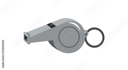 A simple grey metal sports whistle with a black key ring attached shown in a side view illustration.
