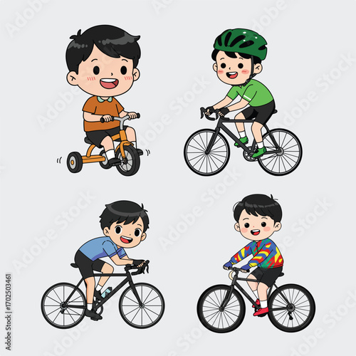 Set of Happy Boys Riding Bicycles and Tricycles