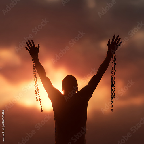 Powerful silhouette of a man breaking free from chains at sunset, symbolizing liberation, hope, and resilience against a backdrop of vibrant colors, perfect for motivational concepts