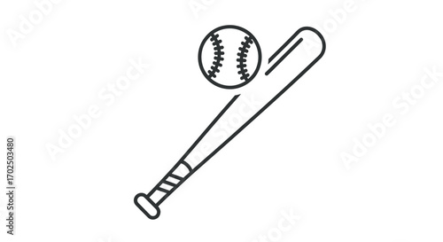 Black and White Baseball Bat and Ball Icon.