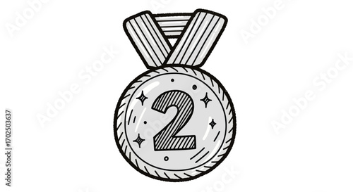 Hand-drawn Silver Medal with Number Two and Ribbon.